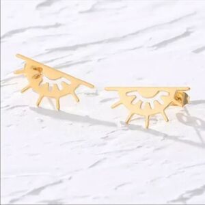 Gold Eyelash Stud Earrings Sun Ray Boho Evil Eye